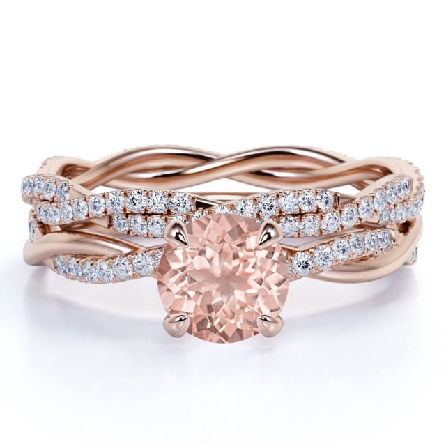 JeenMata Anillo de Bodas Nupcial de 1,75 Quilates con Morganita y Moissanita de Corte Redondo Engastado con Anillo de Compromiso y Alianza de Boda en Oro de 18 K sobre Plata