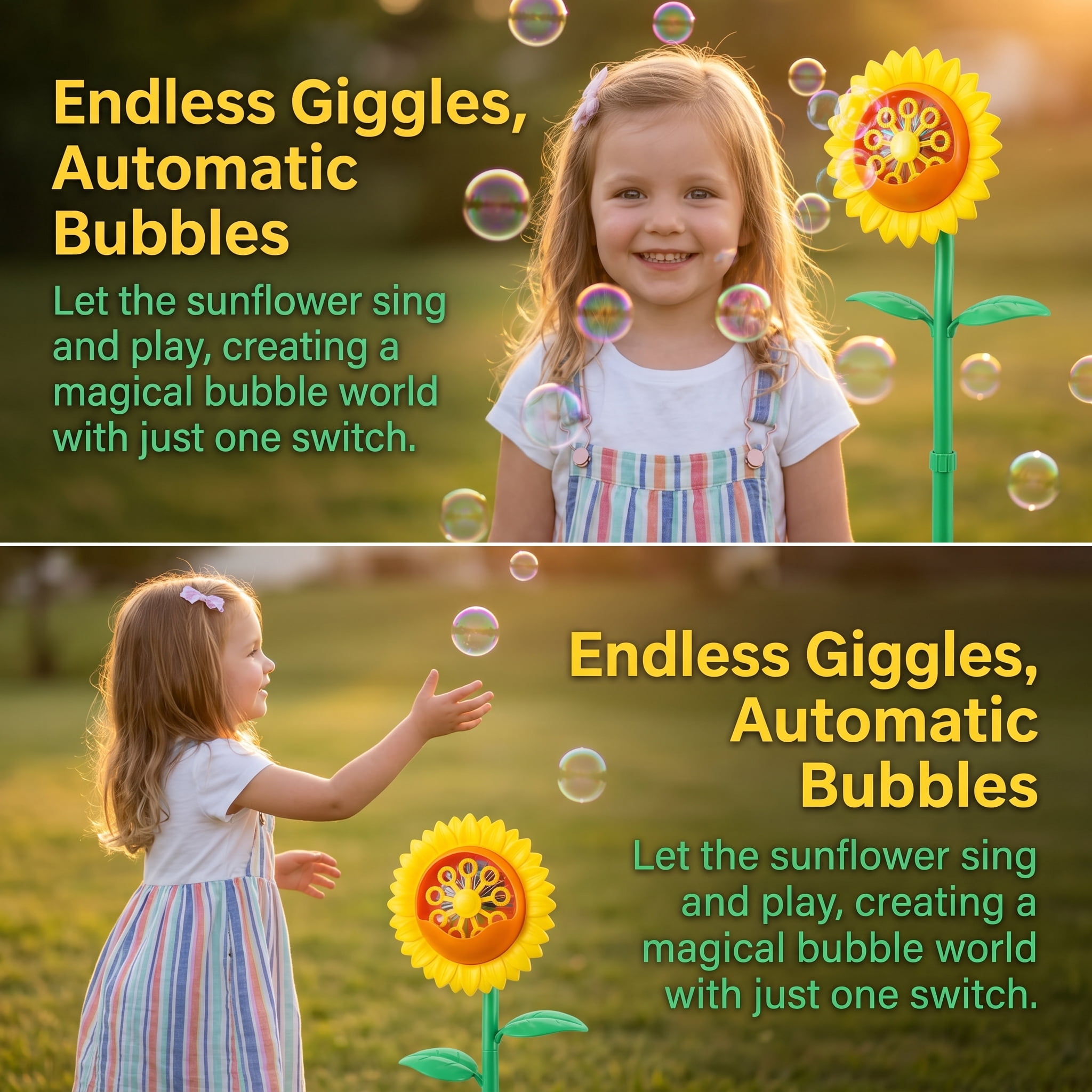 Sunflower Bubble Machine with Lights and Music for Outdoor, Automatic Bubbles Toys for Kids Toddlers, Adjustable Height Bubbles Blower Maker for Wedding Birthday Party Christmas