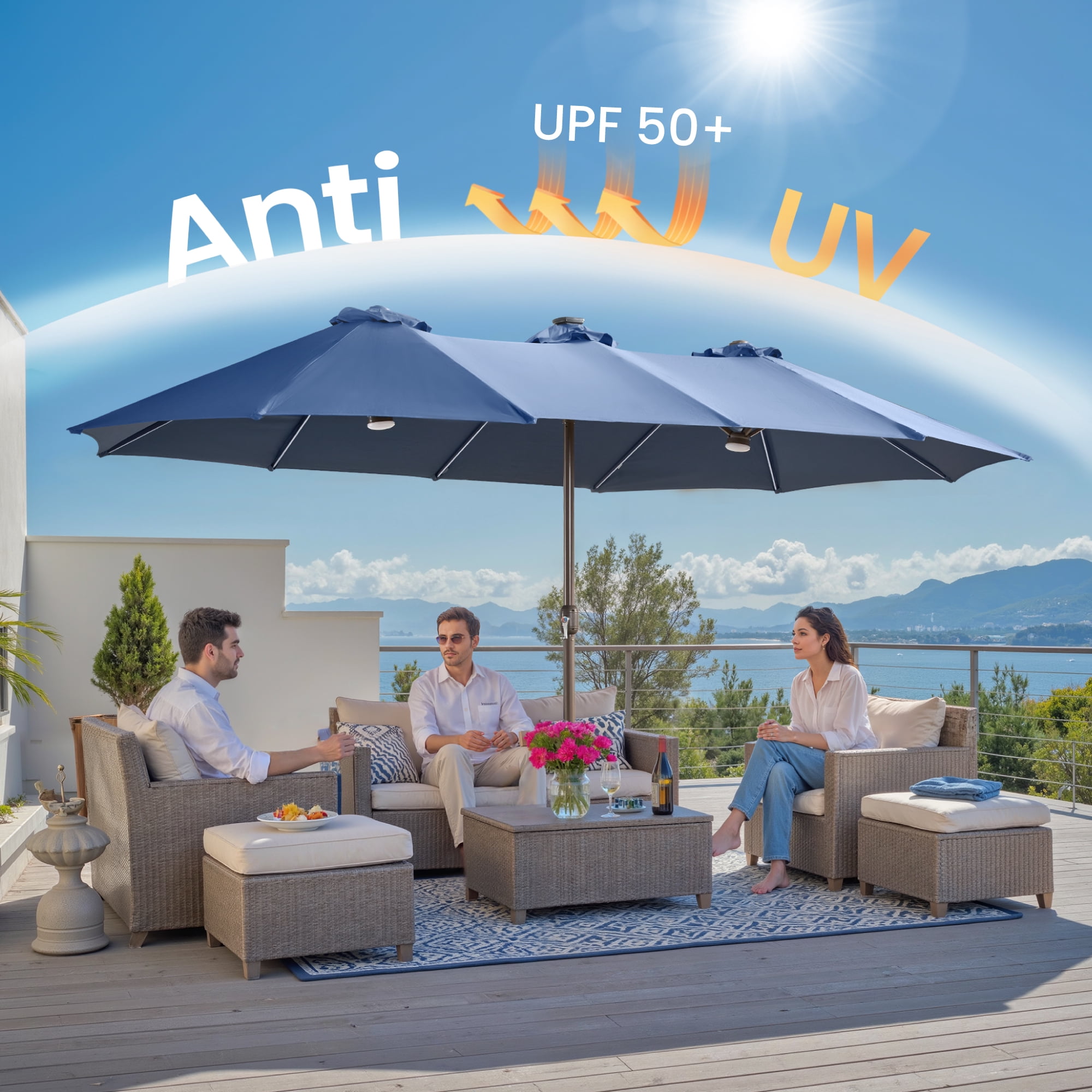 Ovios 15ft Solar LED Patio Umbrellas Double-Sided Outdoor Umbrella with 156 Colorful LED Lights Large Poolside Umbrella with Base, Blue