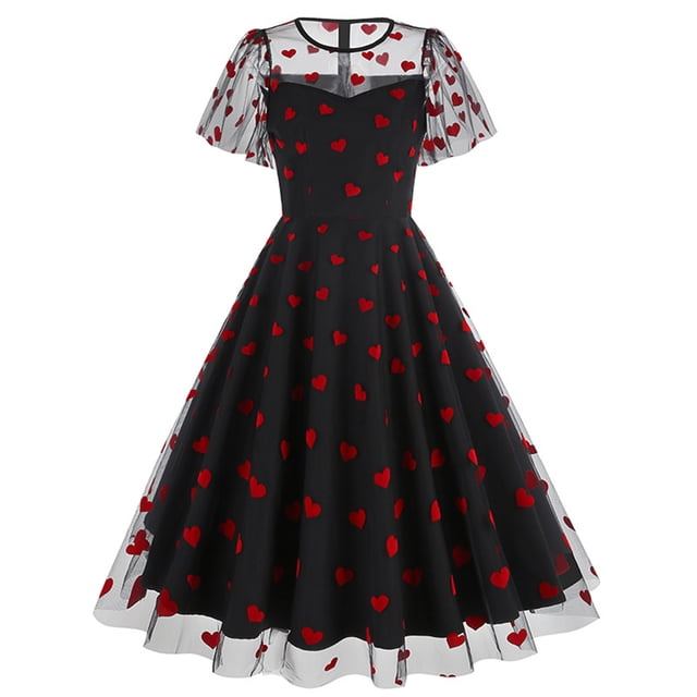 Liquidation Aujourd'hui Iumwxz Robe à Col Rond à Manches Courtes pour Femme Robe en Tulle Tunique à Fermeture Éclair Robe de Princesse Robes à Imprimé Cœur Robes d'Été Décontractées pour Femmes Robe Tendance pour les Vacances