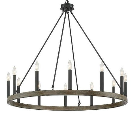 

39 x 39 x 35 in. 12-Light Candle Style Wagon Wheel Chandelier Darkwood & Black