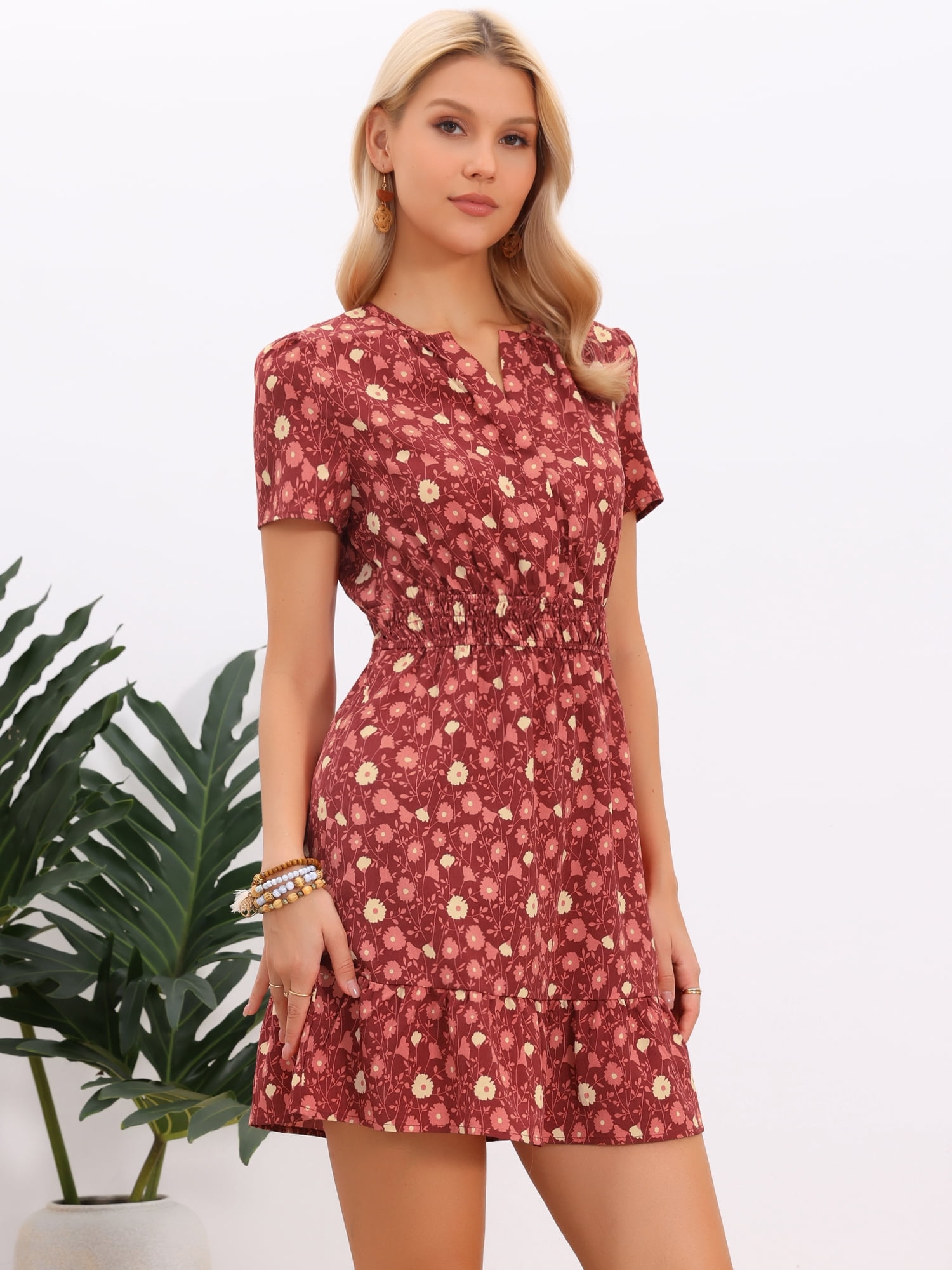 DARING DIVA Women's Tiered Dress V Neck Tent Smocked Waist Floral Dresses S Dark Red