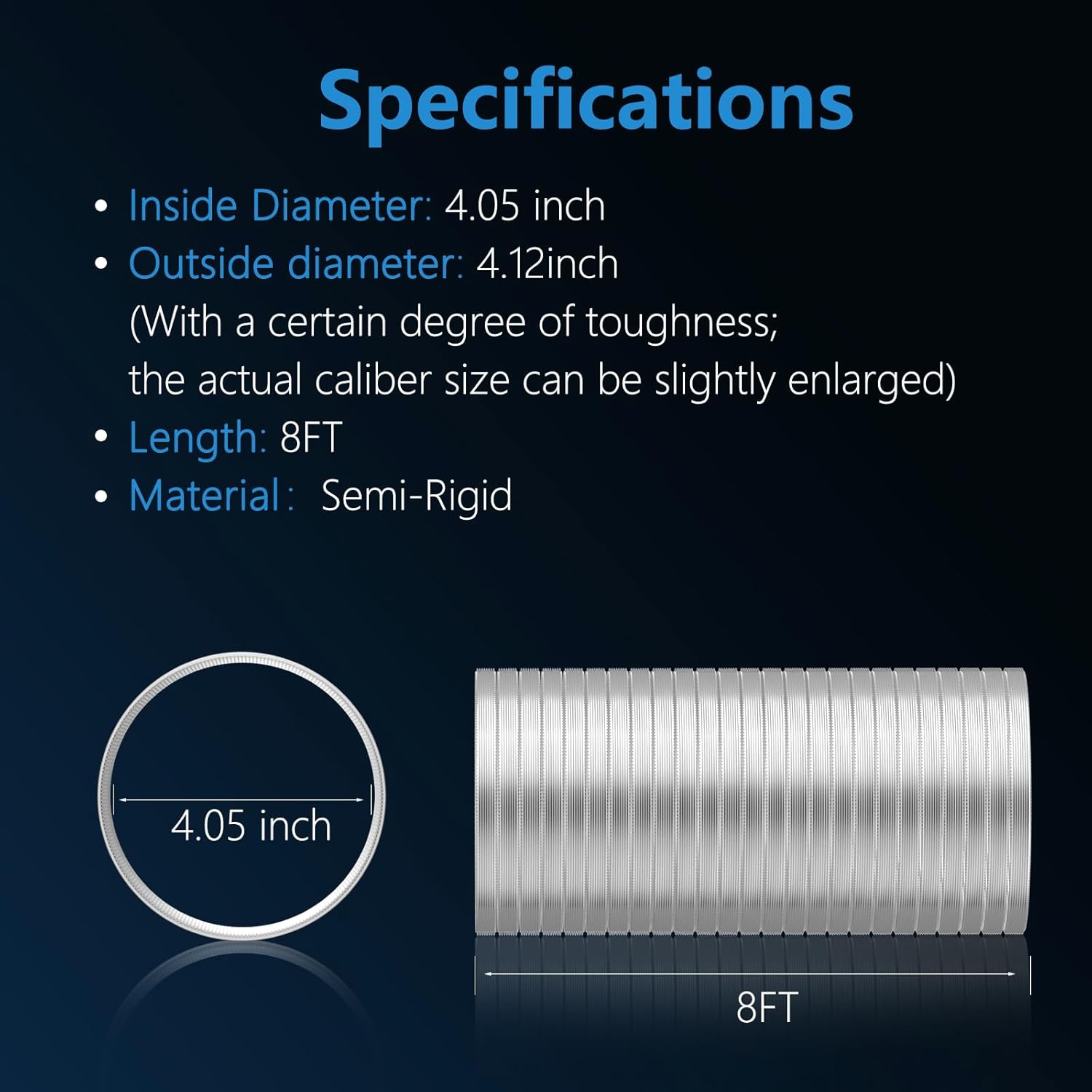 Hon&Guan 4-inch Semi Rigid Dryer Vent Hose, 8 Feet Flexible Aluminum Duct with 2 Clamps, and Aluminum Foil Tape
