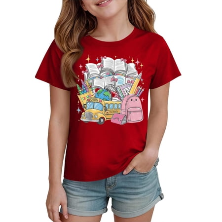 Grblisyd First Day of School Shirts for Girls Boys Kid Cute Cartoon Print Crew Neck Short Sleeve Back to School Top