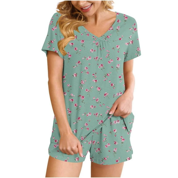 Wensltd Women's Short Sleeve Pajama Set 2 Piece V Neck Top with Pocket Shorts Soft Comfy Summer Home Wear Sleepwear