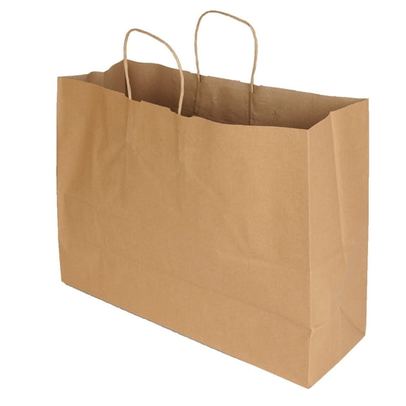 SSWBasics Large Natural Kraft Paper Shopping Bags with Handles - 16"W x 6"D x 12"H - Eco-Friendly Retail & Gift Bags for Events  Parties - Case of 25