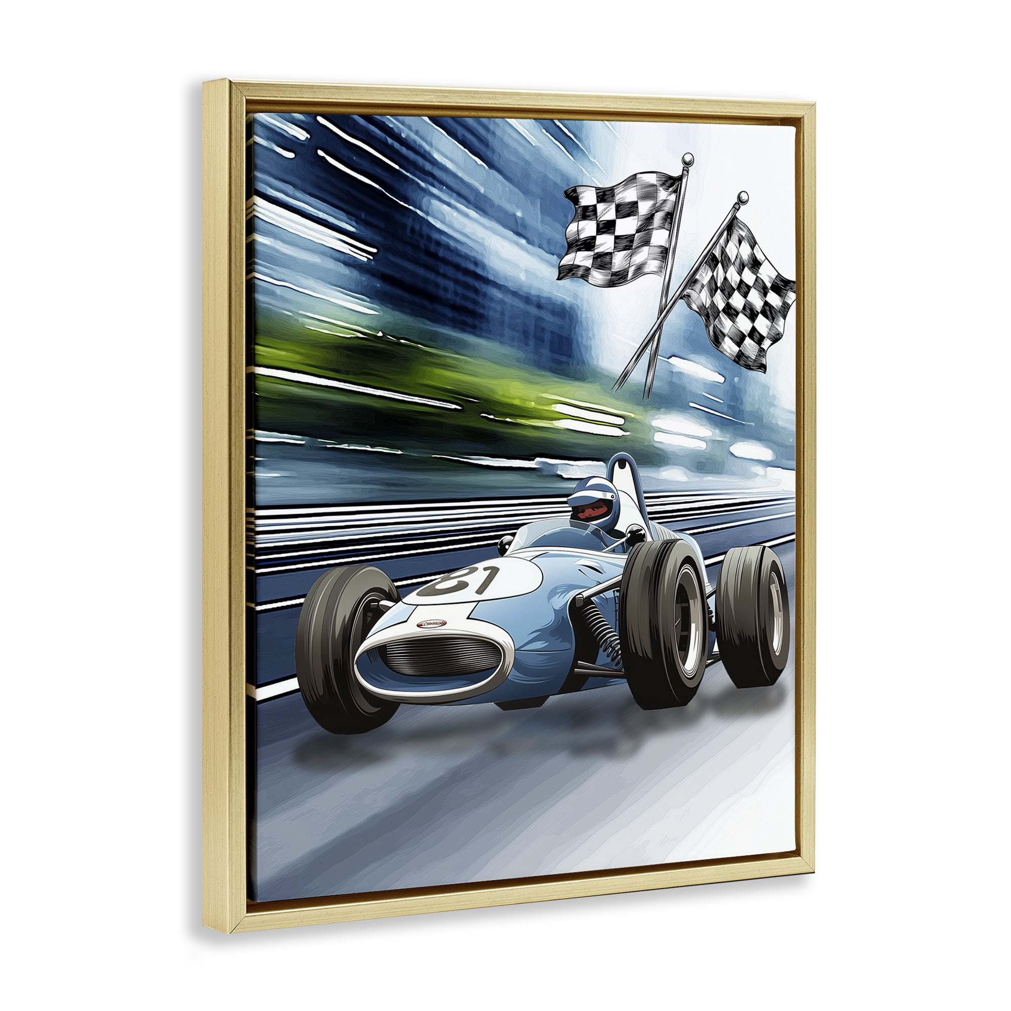 Stupell Industries Speedy Racecar with Flags Gold Framed Floater Canvas Wall Art, design by Christine Simpson Art