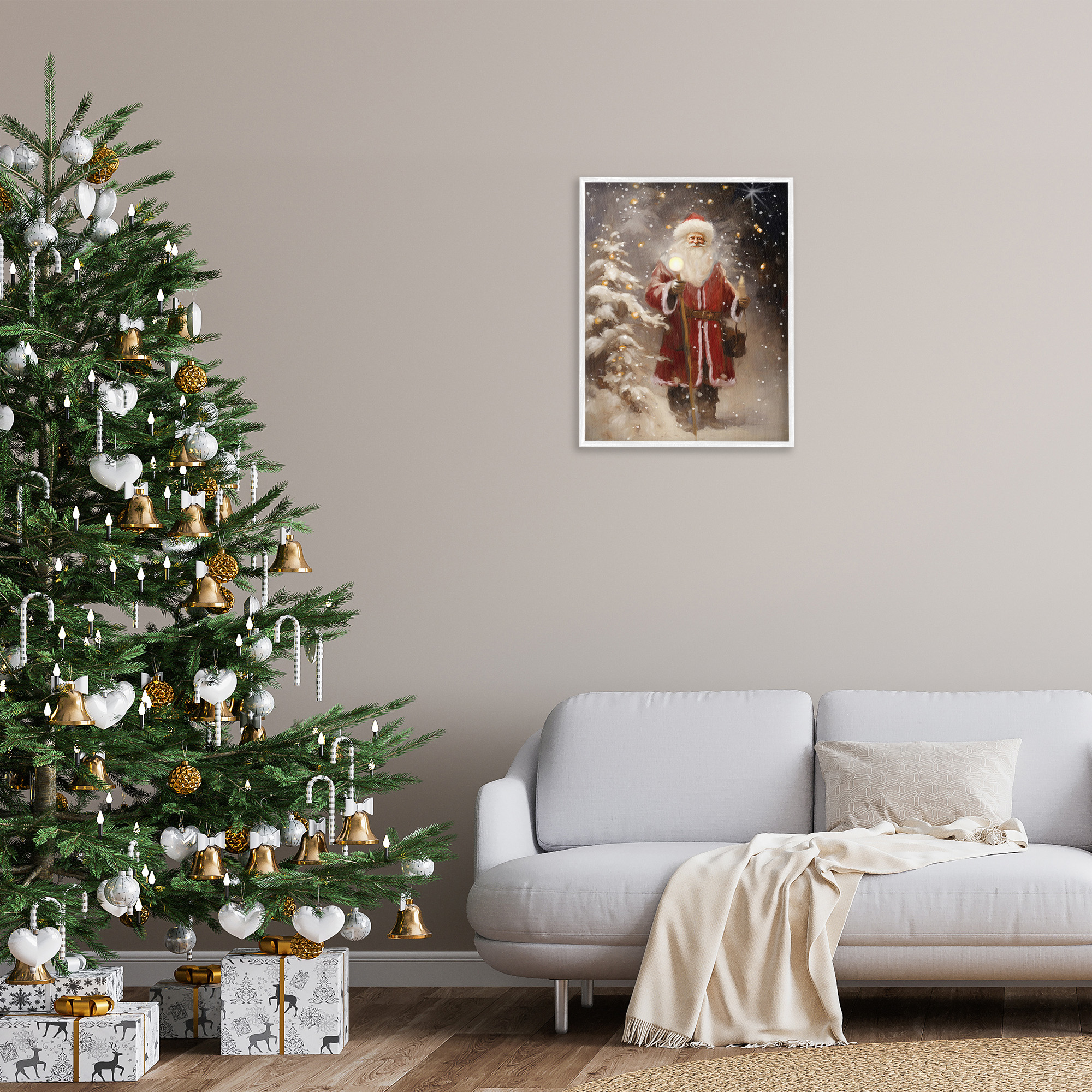Stupell Industries Santa in Snowy Night Scene Holiday Painting White Framed Art Print Wall Art, 24 x 30
