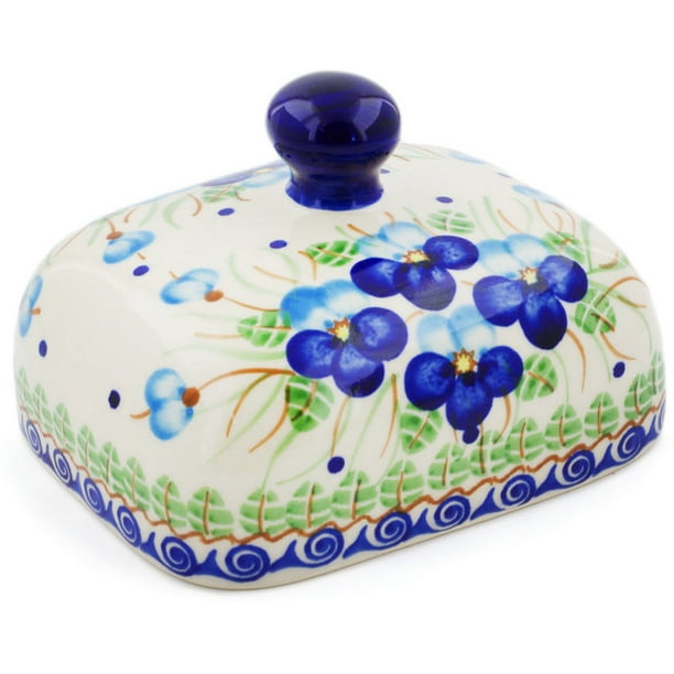 Polish Pottery 8inch Butter Dish (Blue Pansy Theme) Hand Painted in Boleslawiec, Poland