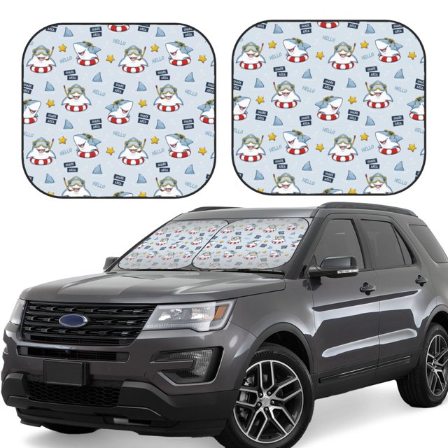 Balery Swimming Shark Parasol para parabrisas de coche de 2 piezas | Parasol plegable para parabrisas delantero de coche para la mayoría de sedanes-Medium