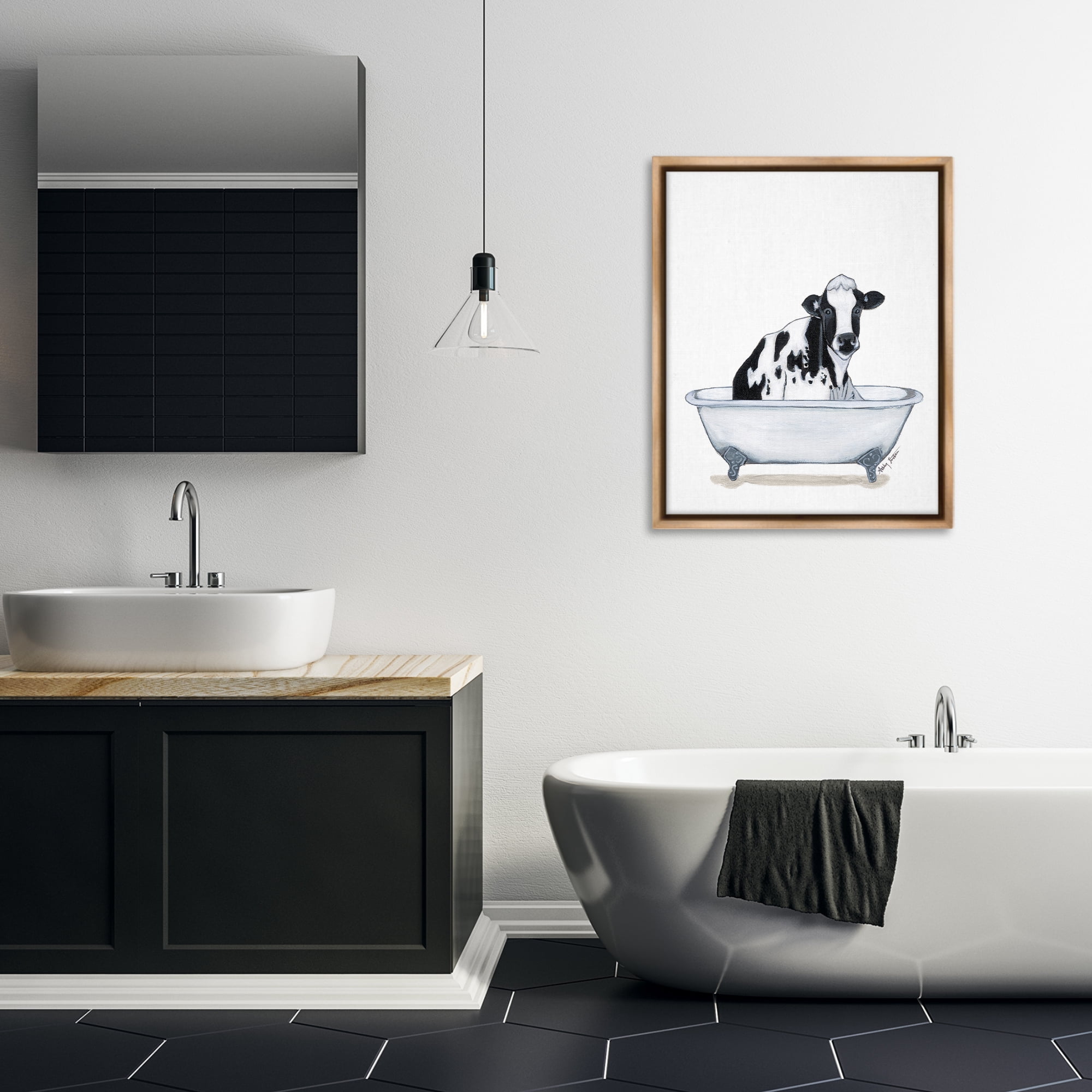 Stupell Industries Cow in Tub Sketch Bath & Laundry Painting Brown Floater Framed Canvas Art Print Wall Art, 25 x 31