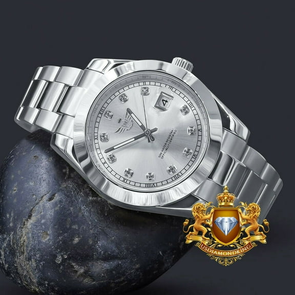 Full Solid Steel 18K White Gold Tone Simulated Diamond 40mm Men's Watch W/Date