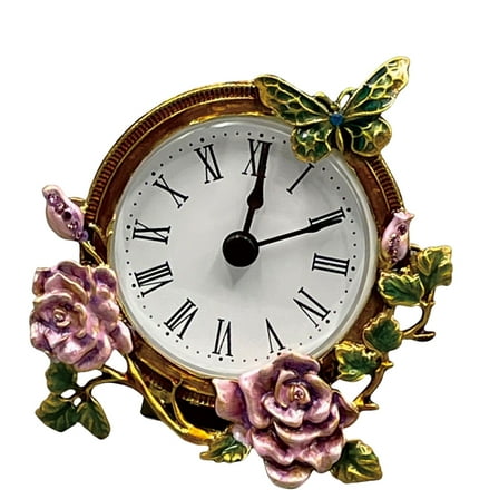 Antique Vintage Small Table Clock with Operated Quiet Movement Floral Butterfly Clock for Home Office Display