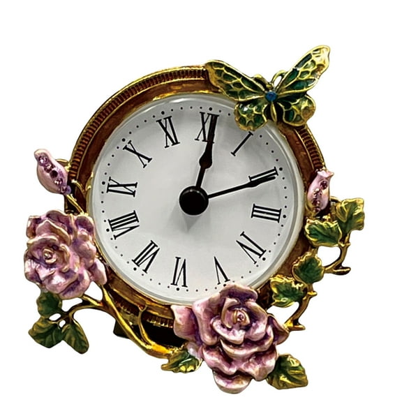 Antique Vintage Small Table Clock with Operated Quiet Movement Floral Butterfly Clock for Home Office Display