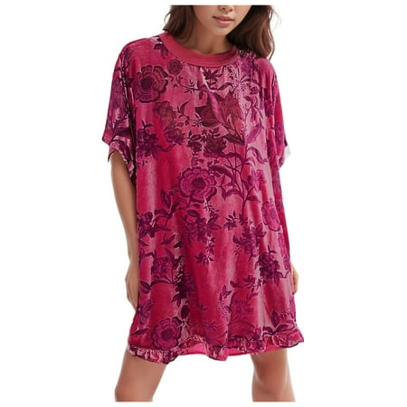 Blphud Cozy Dress for Women Women s Summer Maxi Dress Maxi Dresses for Women plus Size Vintage Dress Round Neck Short Sleeve Floral Printed Flowy Dress Puff Sleeve Dress Hot Pink M