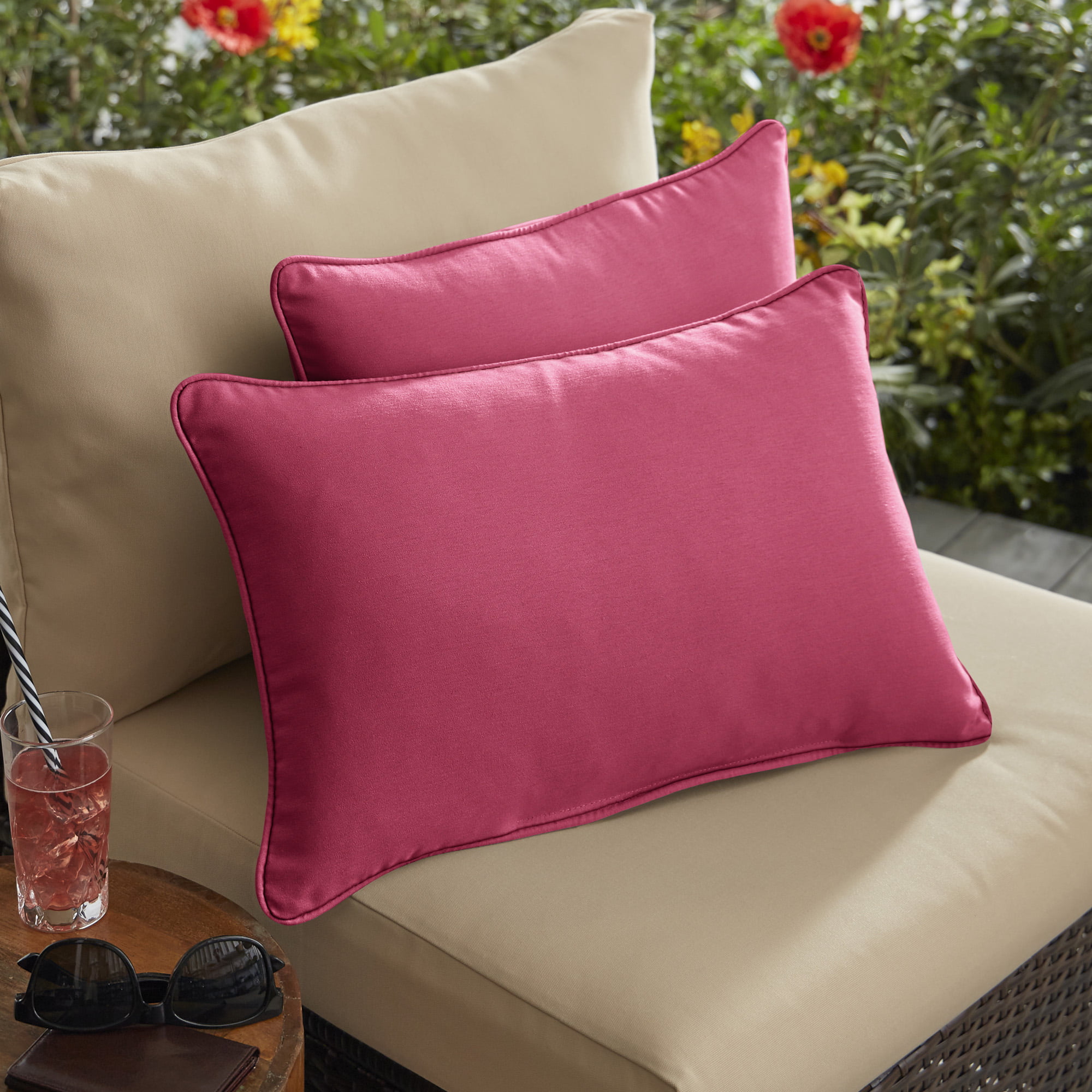 Set of 4 Indoor Outdoor Square Throw Pillows Sunbrella Canvas Hot Pink 