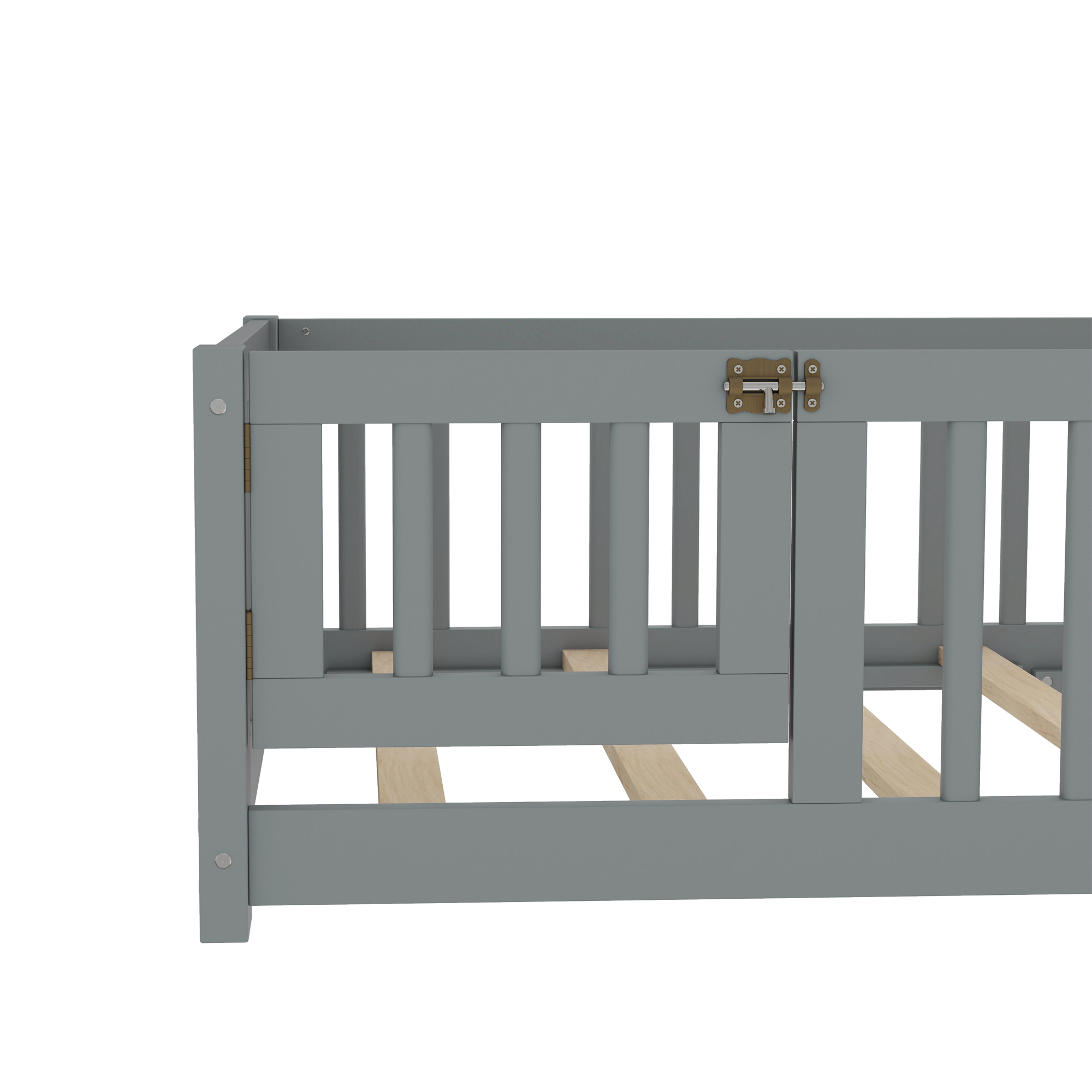 Jopath Twin Size Floor Bed Frame,Montessori Bed with Guardrails and Door,with Slatted Base,for Kids,Boys,Girls,Gray