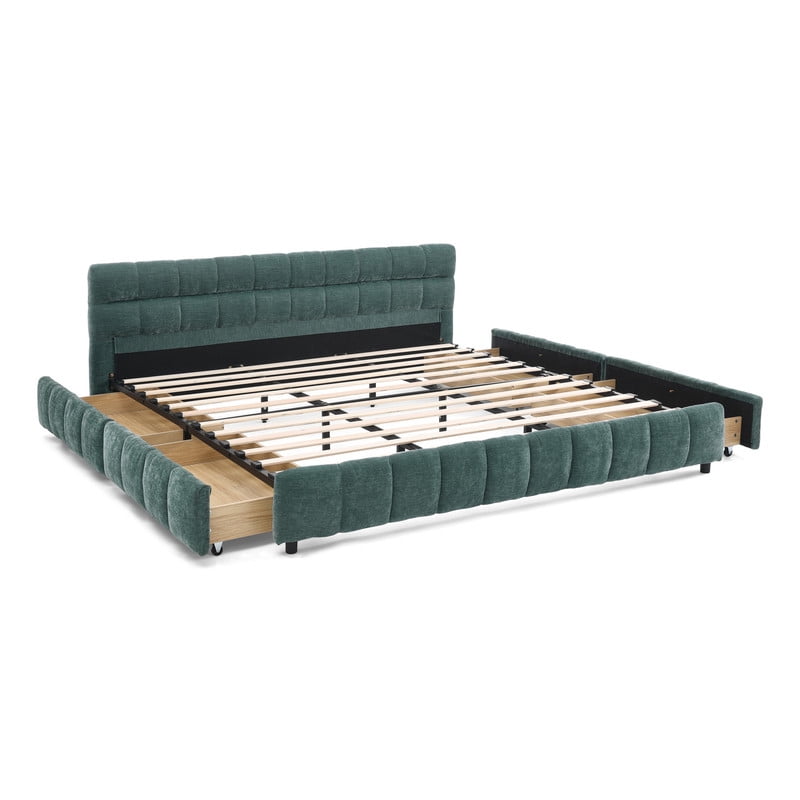 King Size Upholstered Platform Bed with 4 Storage Drawers, Low-Profile Chenille Grounded Bed with Headboard and Solid Frame, No Box Spring Needed