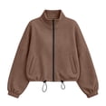 thumbnail image 5 of thefmos Women's Stand Collar Zip Up Long Sleeve Jacket with Pocket Drawstring Solid Color Casual Outerwear Trendy Spring Fall Outfit, Brown XL, 5 of 9