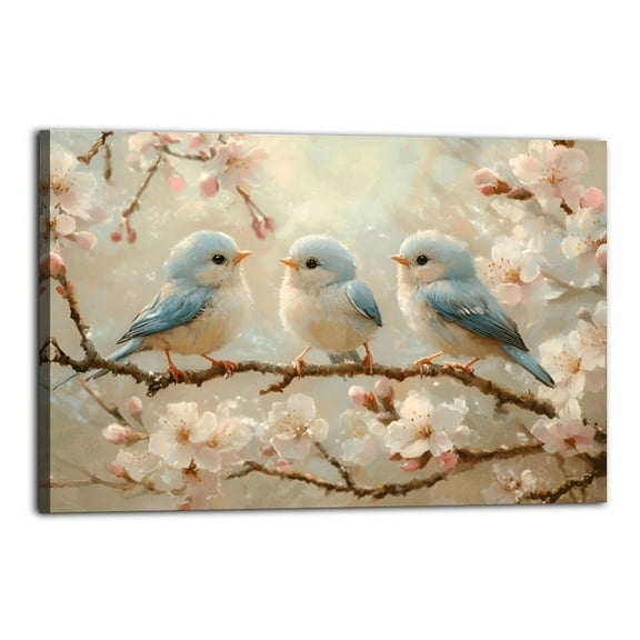 Bluebird And Peach Blossom Poster Wrapped Wooden Frame Wall Decor,Made in USA,Canvas Wall Art for Living Room,Bedroom,Office,Ready to Hang