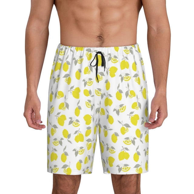 Balery Yellow Lemon Leaves Pantalones cortos de pijama de punto de algodón para hombre con cinturilla y bolsillos-Large