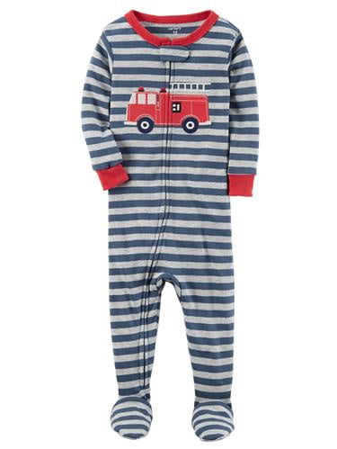 Gray/Red Carters Boys 1-Piece Zippered Gripper Footie Fleece Pajamas Firetrucks Size 12 