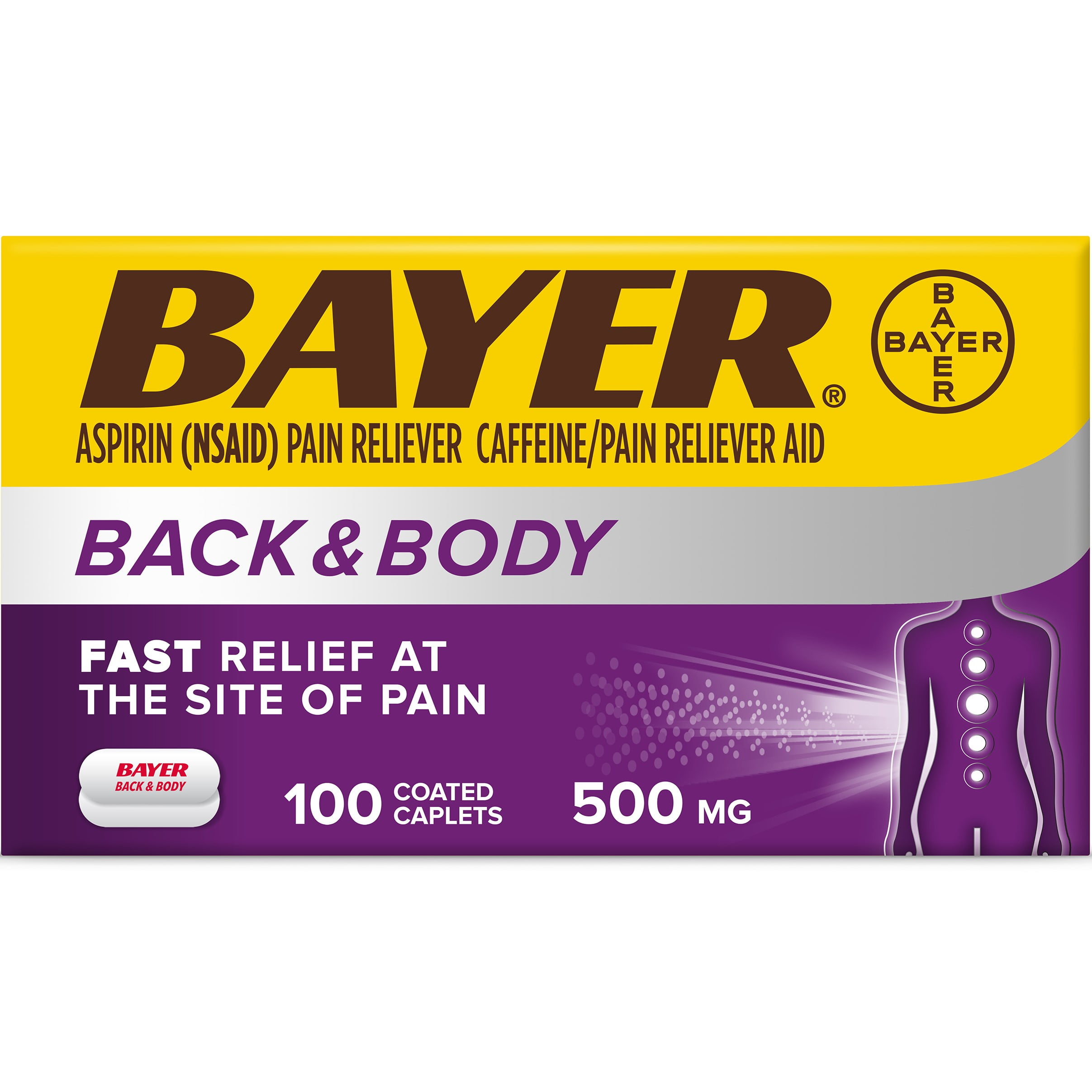 Bayer Back & Body Extra Strength Pain Reliever Aspirin w Caffeine, 500mg Coated Tablets, 100 Ct