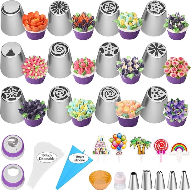 Kit de puntas de tubería rusa de 56 piezas, boquilla de punta de glaseado de flores, kit de puntas para decoración de pasteles, suministros para hornear galletas y magdalenas, acoplador de punta de tu