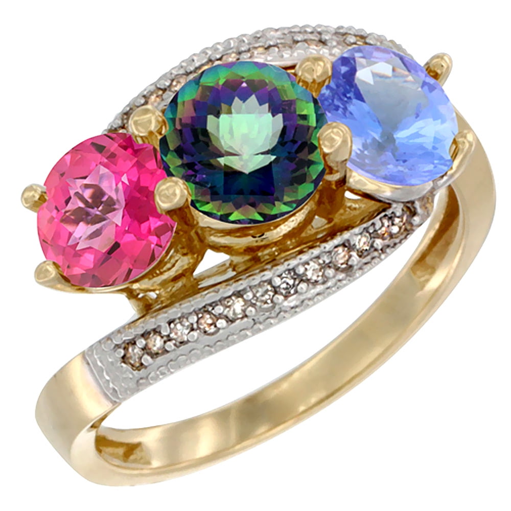 14K Yellow Gold Natural Pink Topaz, Mystic Topaz & Tanzanite 3 stone Ring Round 6mm Diamond Accent, size 6 by Gabriella Gold