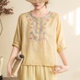 thumbnail image 2 of ClodeEU Women's Floral Embroidered Linen Blend Top,Casual Round Neck 3/4 Sleeve Blouse Yellow,Women's Plus XL, 2 of 6