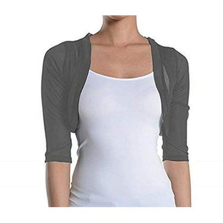 Pink Shrug - Fashion Secrets Junior's Sheer Chiffon Bolero Shrug Jacket Cardigan 3/4 Sleeve (Charcoal, Medium)