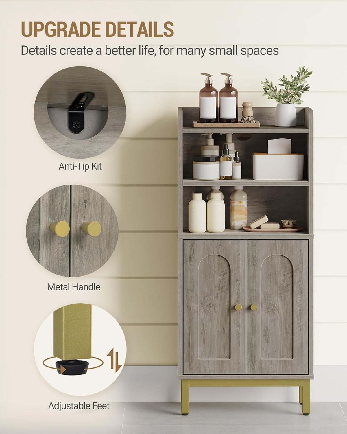 Bathroom Storage Cabinet, Small Floor Cabinet with 2 Door and Shelves, Toilet Paper Cabinets, Bathroom Organizer with Adjustable Shelf, for Small Spaces Greige 7.9" D x 14.6" W x 32.7" H