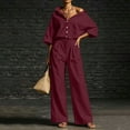 thumbnail image 7 of Women's Linen 2 Piece Outfit Oversized Button Down Shirts High Waist Pleated Wide Leg Pants Matching Tracksuit Set office Casual Outfits Wine, 7 of 7