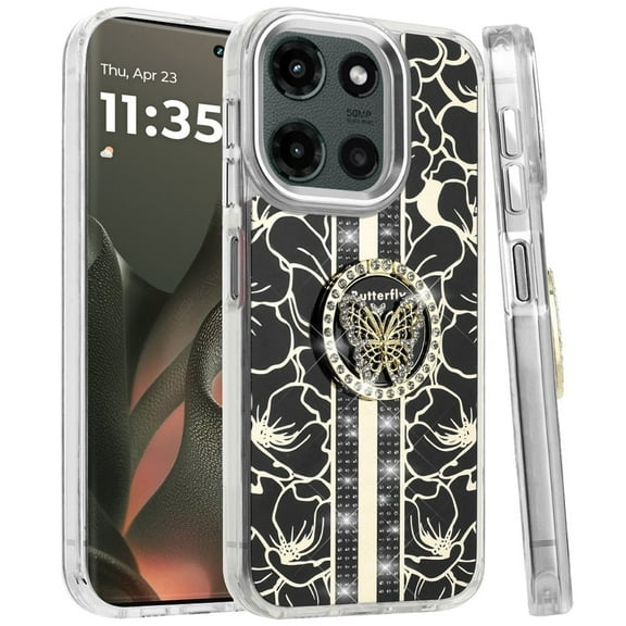 XPM for Motorola Moto G 5G /Moto G 2025 Phone Case, Diamonds 3D Butterfly Floral Design Bling Sparkly Glitter Hybrid Metal Fashion with Ring Stand Cover for Moto G 5G (2025), Moto G (2025) (Black)