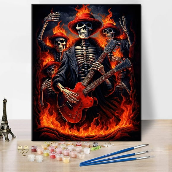 shiyou-Skeleton DIY Paint by Number Kit - Skulls Playing Guitar in The Fire - Adults Oil Painting Art Crafts for Wall Decoration - 16x20 Inch (Frameless)