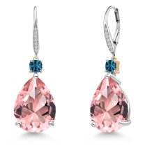 Gem Stone King 925 Silver and 10K Yellow Gold Peach Nano Morganite and London Blue Topaz and White Lab Grown Diamond Earrings for Women | 21.50 Cttw | Gemstone October Birthstone | Pear Shape 18X13MM