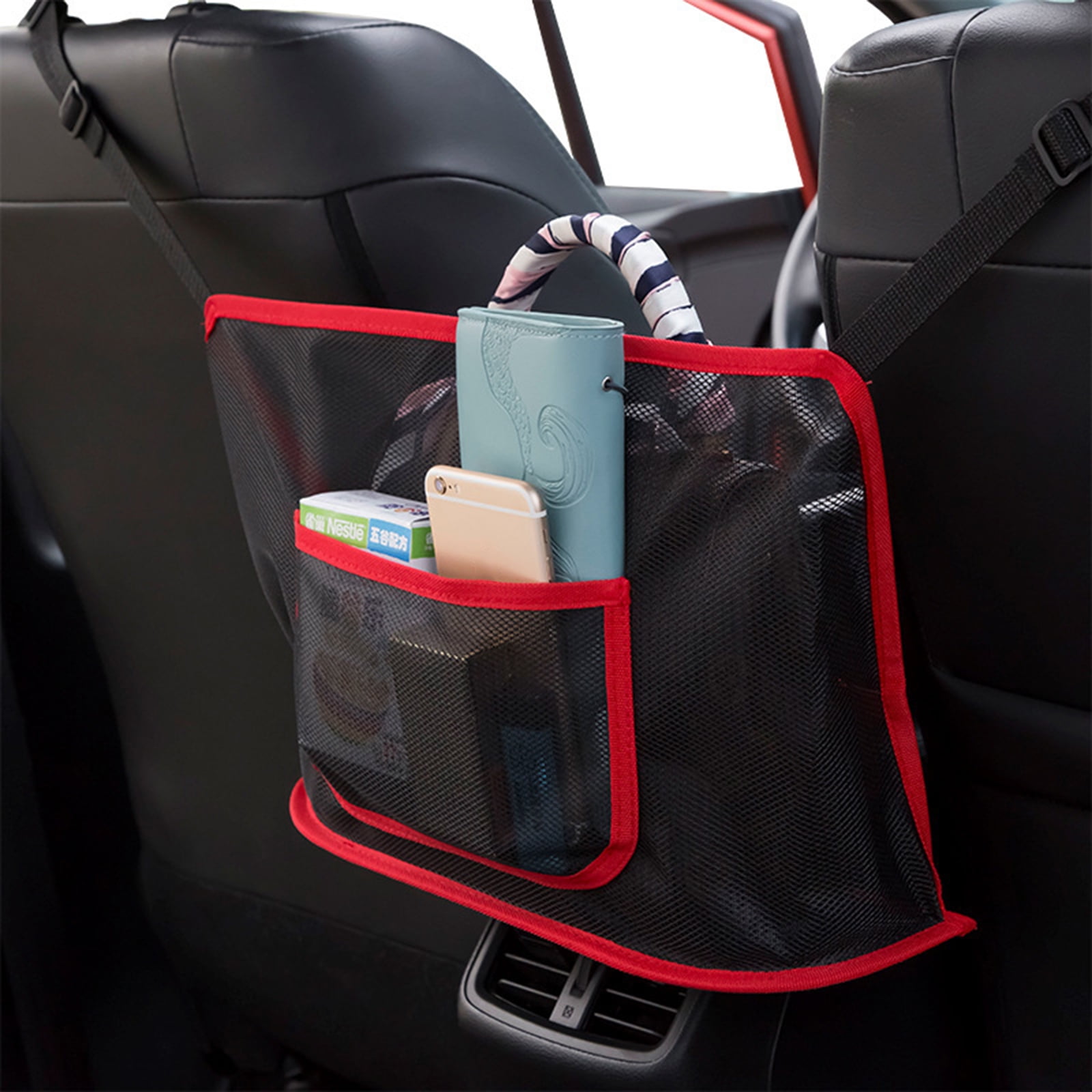Car Cache Helps as Dog Barrier Too（Black） Car Purse Storage & Pocket Holder Car Net Pocket Handbag Holder Seat Back Net Bag Pocketbook Holder Hammock 3-Layer Car Mesh Organizer Handbag Holder 