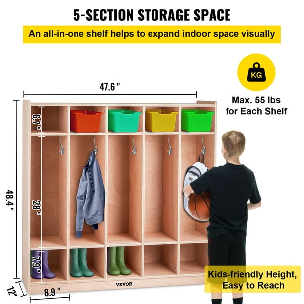 Vevor Preschool Cubby Lockers 5-Section Plywood Birch Coat Locker 15 Mm Thickness Kids Locker For Home 48.4 Inch High Durable Classroom Lockers For To