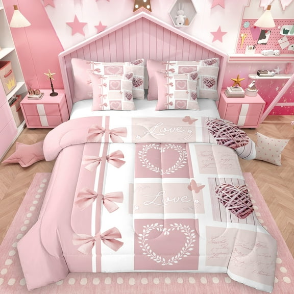 Manfei Cartoon Ribbon Bow 7-Piece Twin Bedding Sets for Kids, Pink Dreamy Butterfly Bedding Comforter Set, Princess Love Heart Reversible Sheet Sets, Luxury Bedroom Decor