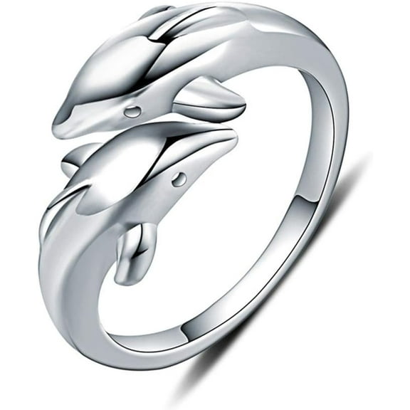 Double Dolphins Ring 925 Sterling Silver Adjustable Statement Rings Open Wrap Thumb Finger Band Promise Rings for Women