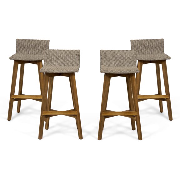 Jessie Brea Outdoor Wood & Wicker Barstools (Set of 4), Light Brown and Teak