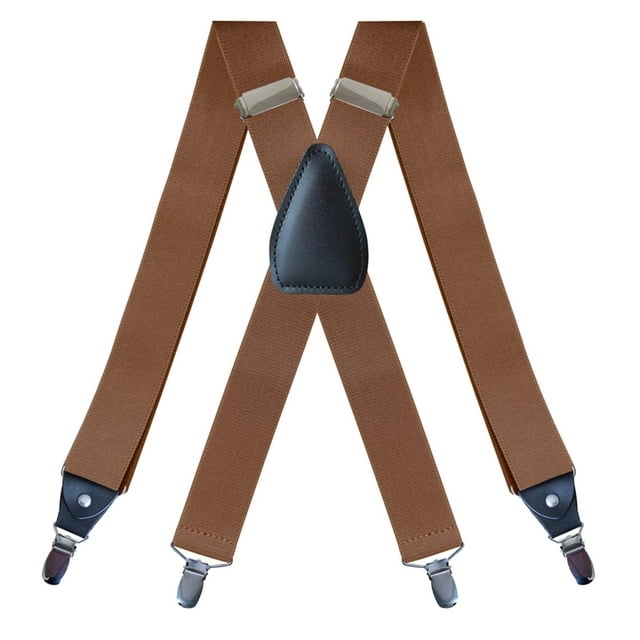 lionlar Men's Suspenders Elastic Straps Solid Heavy Duty 4 Clips Adjustable Unisex Camel