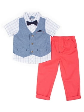 Short Sleeve Plaid Poplin Button Up Shirt, Peached Twill Pant, Printed Twill Bowtie & Woven Chambray Vest, 4pc Dressy Set (Baby Boys)
