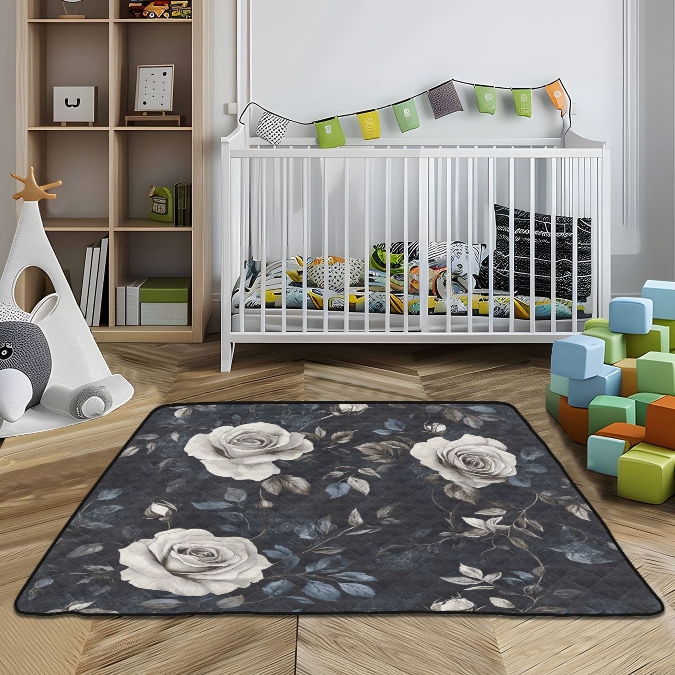 WOBOGO White Rose Baby Playmats Extra Large Waterproof Rollable Activity Pads for Toddlers 50×50inch