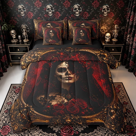 Manfei Gothic Sugar Skull 7-Piece Twin Bedding, Halloween Romantic Floral Rose Bedding Comforter Set, Gold Red Black,Black Reversible