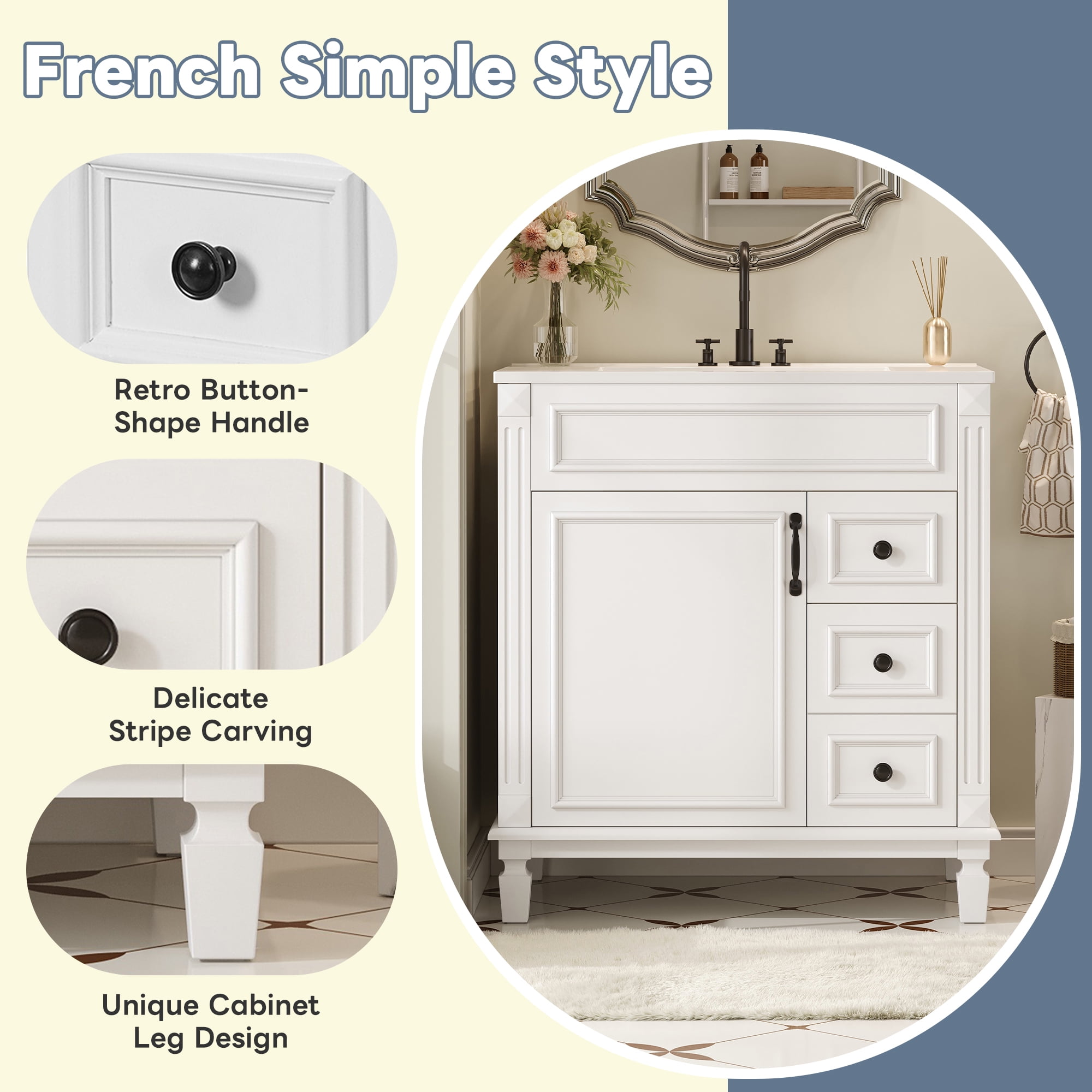 30'' Bathroom Vanity with Ceramic Sink Combo, Solid Wood Frame Bathroom Storage Cabinet with 2 Drawers & Adjustable Shelf, Freestanding Bathroom Vanities, Soft Closing, Metal Handle, White