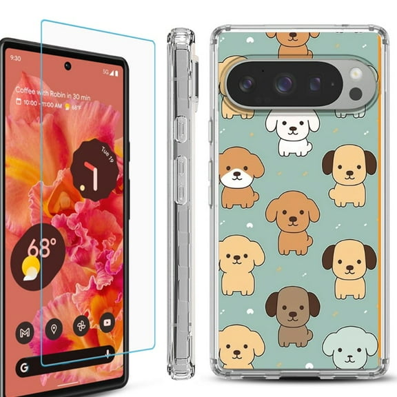 For Google Pixel 9 / 9 Pro Phone Case Cover, Shockproof Bumper Case with Tempered Glass Screen Protector, by OneToughShield - Puppies