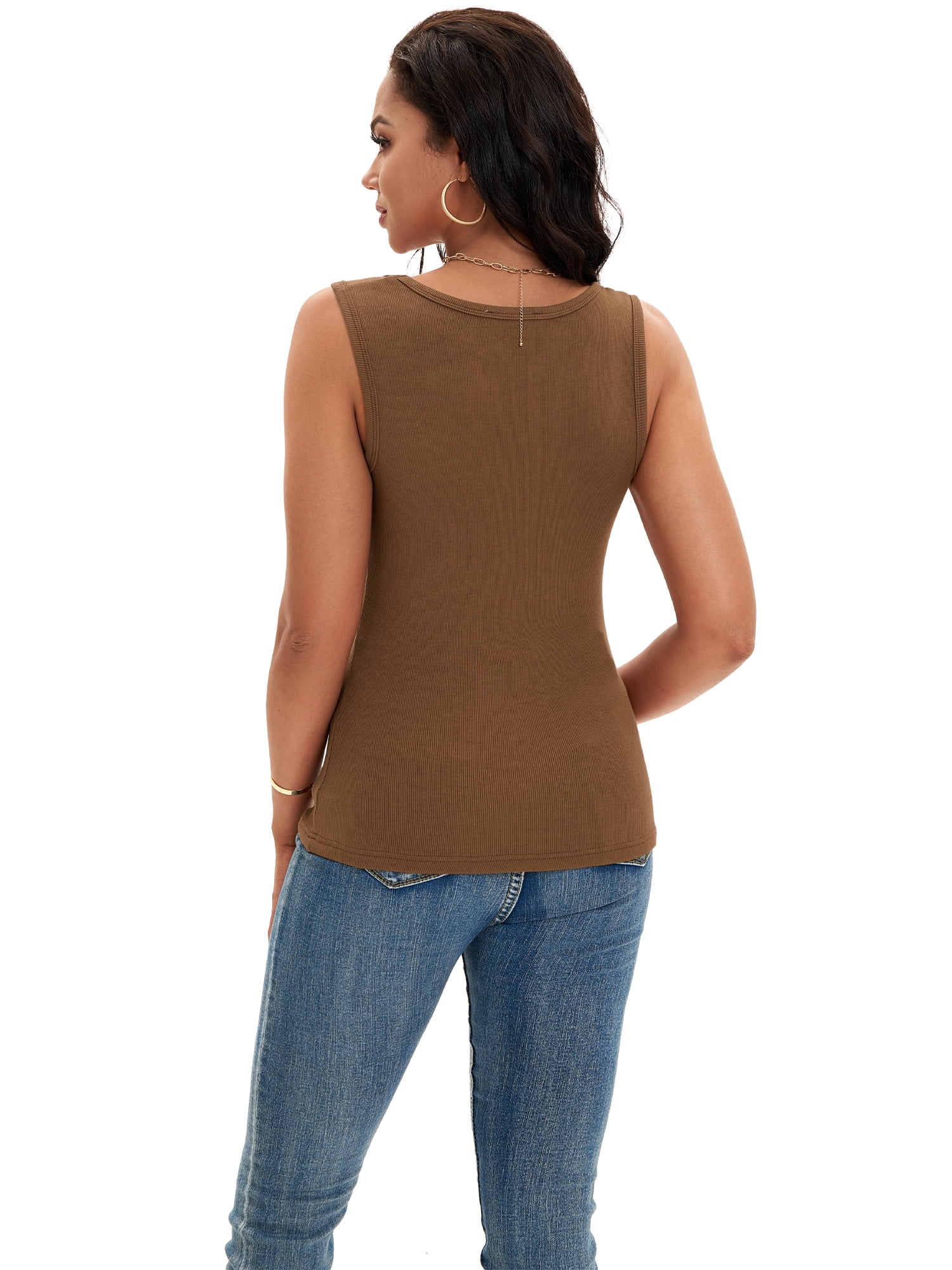 DARING DIVA Women's Sleeveless Scoop Neck Casual Fitted Tee Shirts L Brown