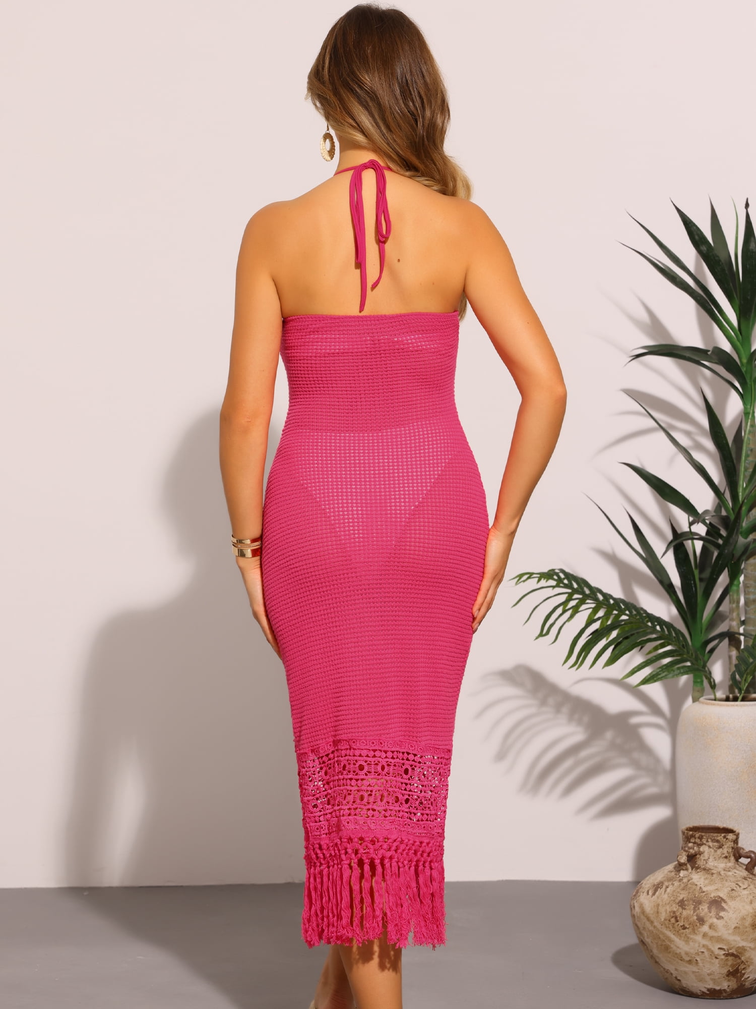 DARING DIVA Sleeveless Coverup Crochet See Through Halter Neck Dress S Hot Pink