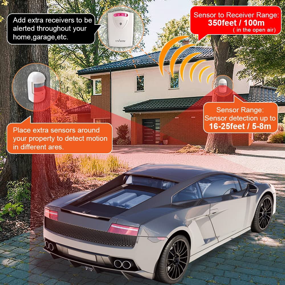 6Pcs Multifunctional Alarm Wireless Outside, Motion Sensor Alarm, Extra Loud Chimes Home Security Alarm System with 1 Receiver 2 Weatherproof Infrared Sensors Protect Indoor/Outdoor Property